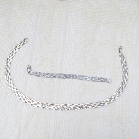 Sterling Silver Bracelet and Necklace 18 Inch 6 Strand Braided Herringbone - Picture 2 of 6